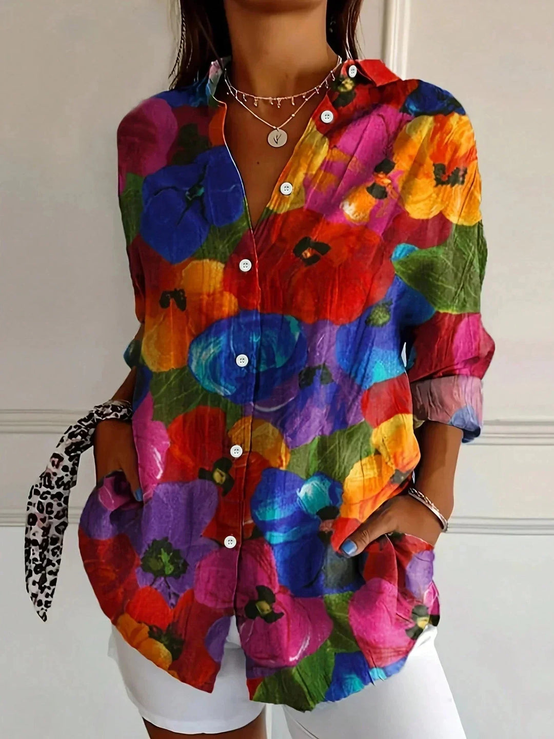 Multicolor Women's Abstract Print Button-Front Blouse — Maeve Long Sleeve Collared - B Front Vibrant