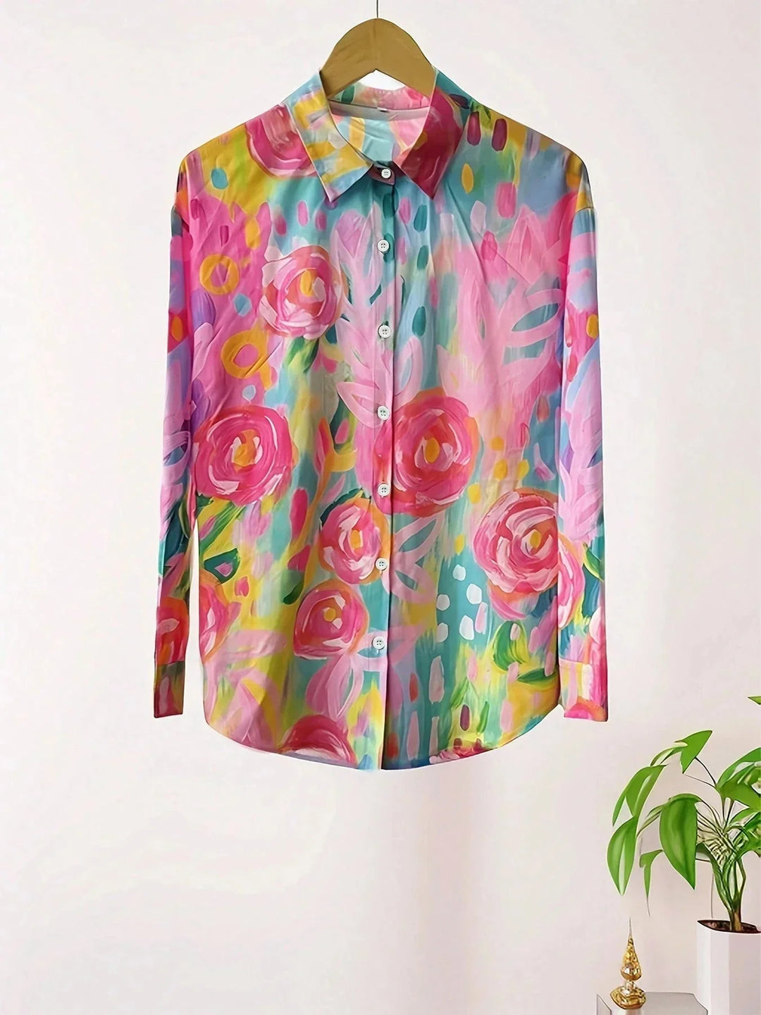 Pink Women's Abstract Print Button-Front Blouse — Maeve Long Sleeve Collared - Flat Lay