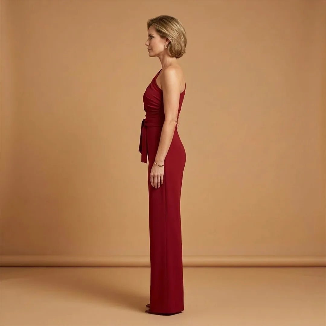Sophia | One Shoulder Wide Leg Women's Off Shoulder Jumpsuit - Burgundy - 4