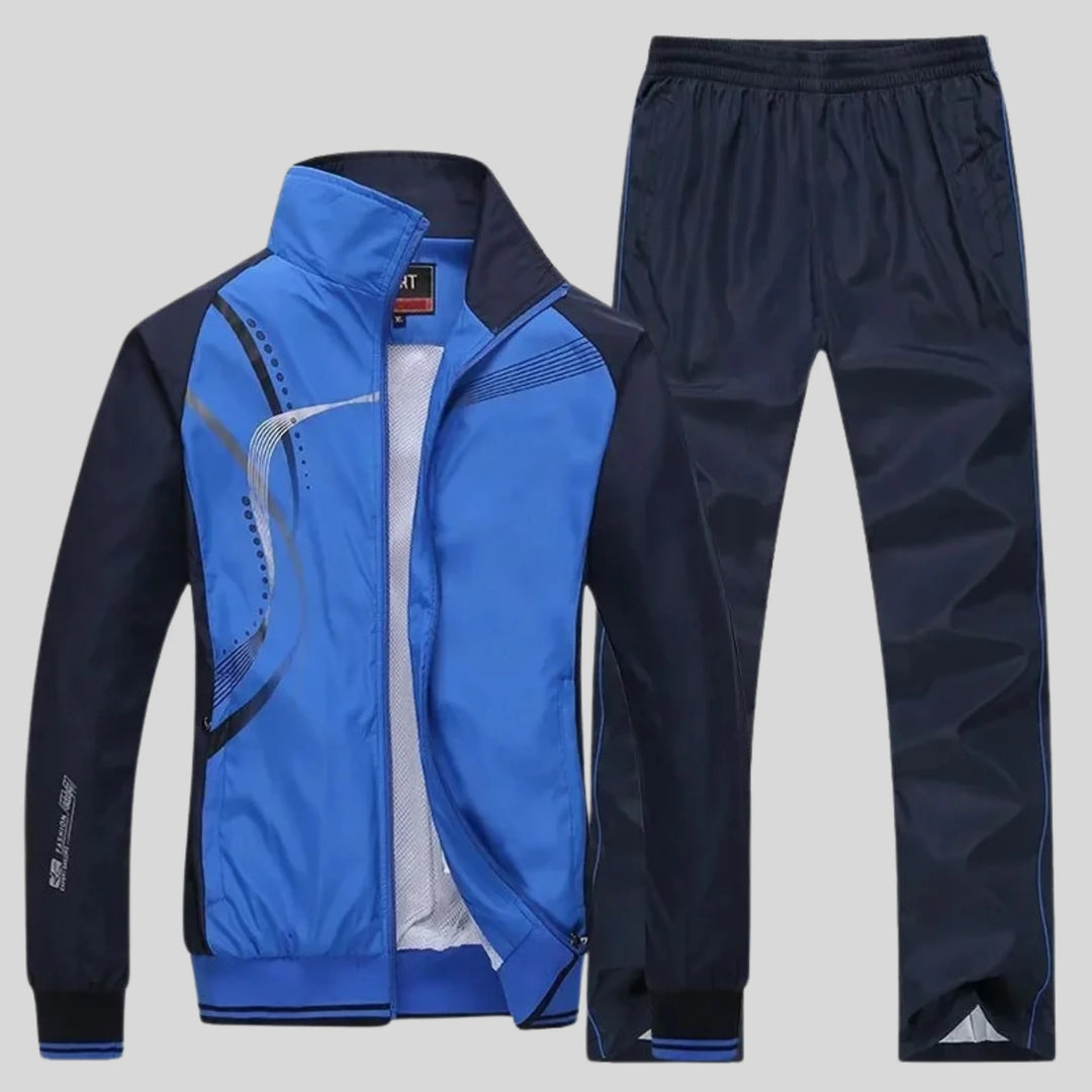Blue Athletic Men's Sweatsuit With Curved Design - Front Lifestyle
