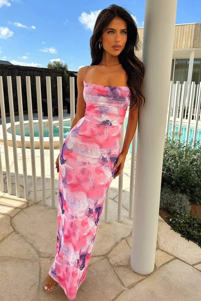 Margot | Elegant Floral Print Backless Maxi Dress - Blue - 7