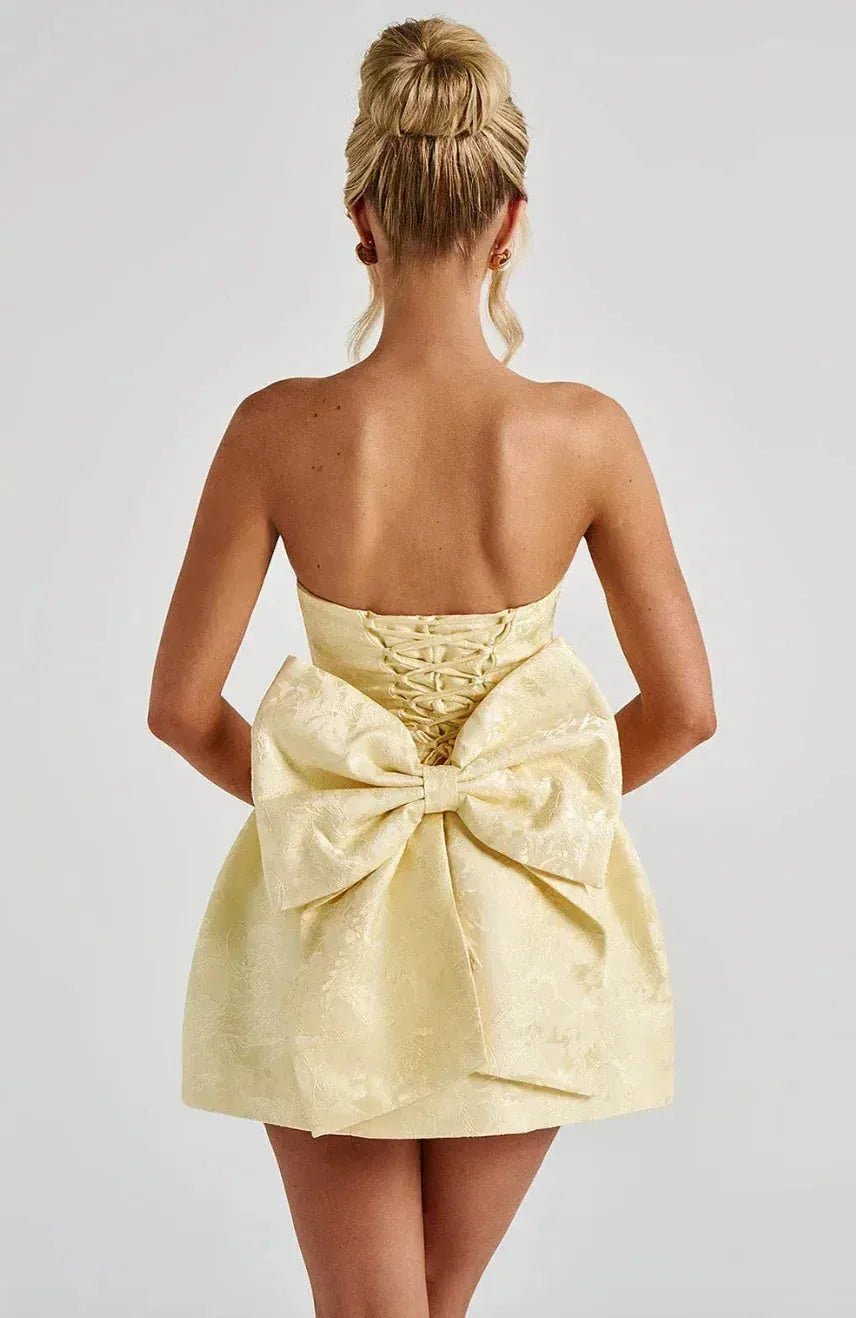 Margot | Elegant Backless Mini Dress With Lace - Up Detail - Yellow - 2