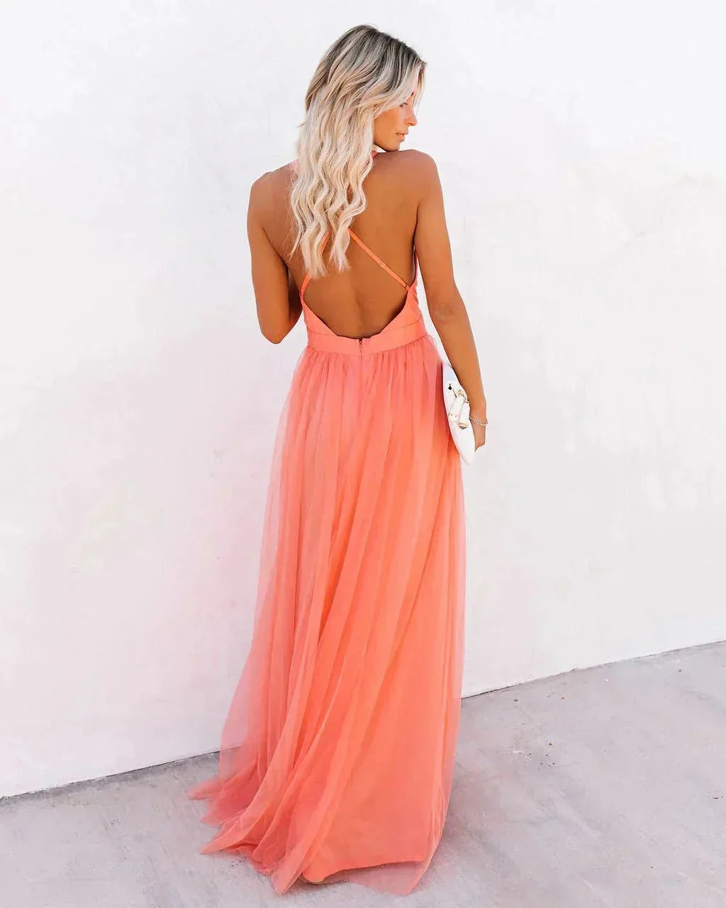Coral Women's Backless V-Neck Sleeveless Maxi Dress — Selene Flowing Chiffon Cross-Back - Back Detail