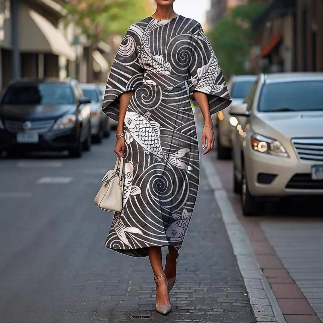 Black Women's Batwing Sleeve Long Dress — Yvonne Wrap Style Bohemian - White Front Street