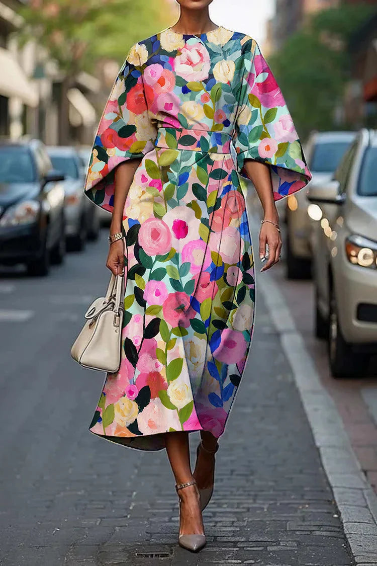 Floral Women's Batwing Sleeve Long Dress — Yvonne Wrap Style Bohemian - Front