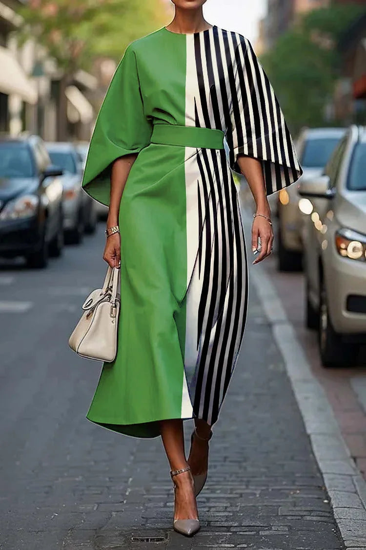 Green Women's Batwing Sleeve Long Dress — Yvonne Wrap Style Bohemian - Stripe Front Contrast