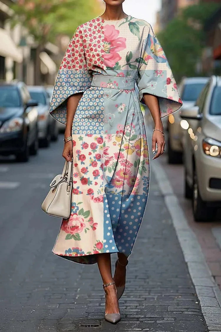 White Women's Batwing Sleeve Long Dress — Yvonne Wrap Style Bohemian - Floral Front Mixed