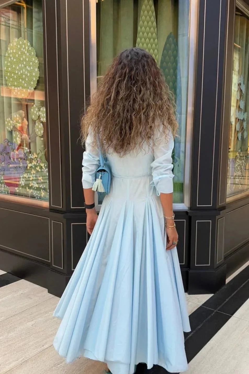 Light Blue Women's Button-Up Maxi Shirt Dress — Tabitha Belted Collared Long Sleeve - Back Detail