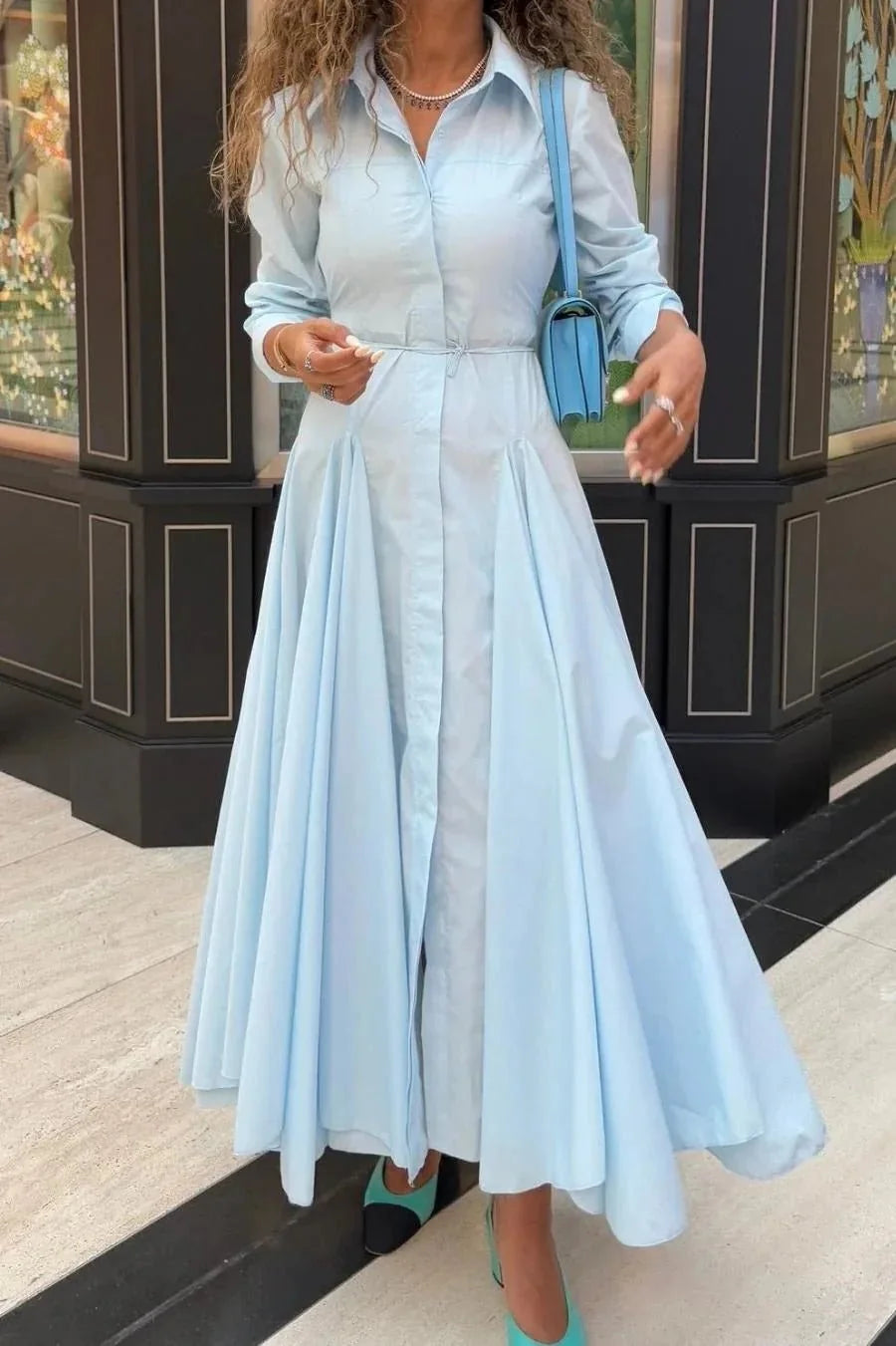 Light Blue Women's Button-Up Maxi Shirt Dress — Tabitha Belted Collared Long Sleeve - Front Close
