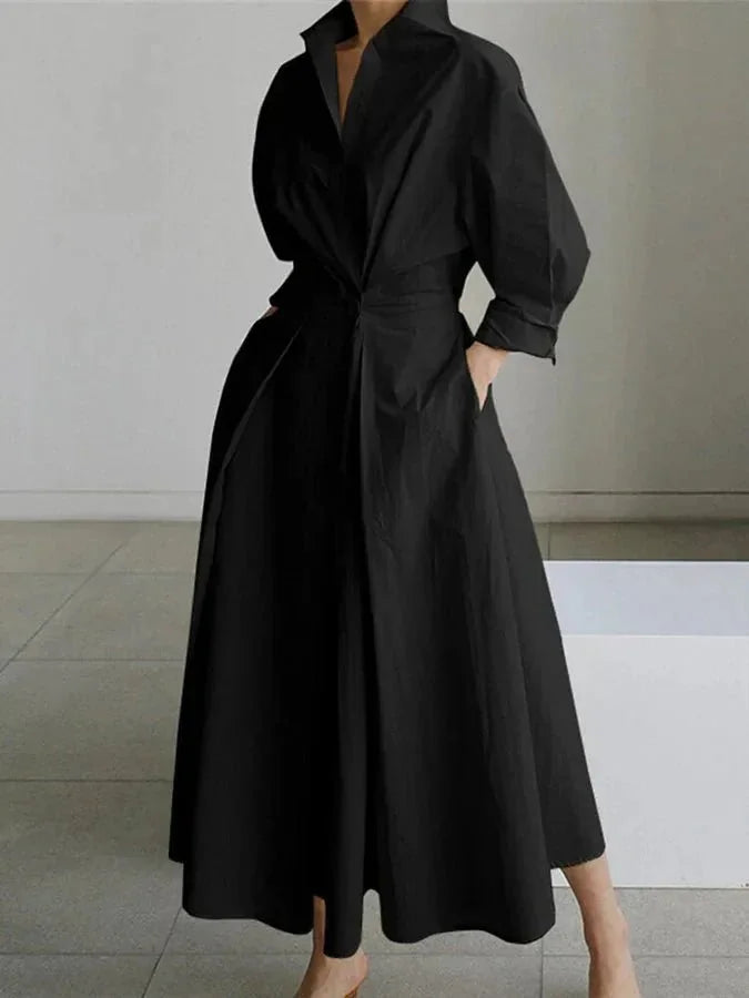 Black Women's Belted Maxi Shirt Dress — Adeline Button-Front Long Sleeve - Front Studio