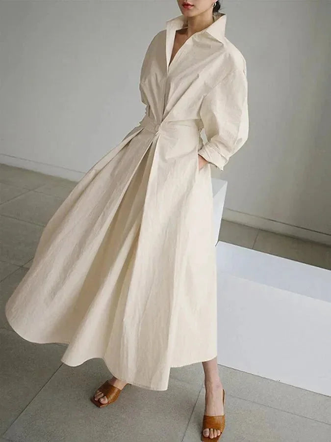 Cream Women's Belted Maxi Shirt Dress — Adeline Button-Front Long Sleeve - Side Pose
