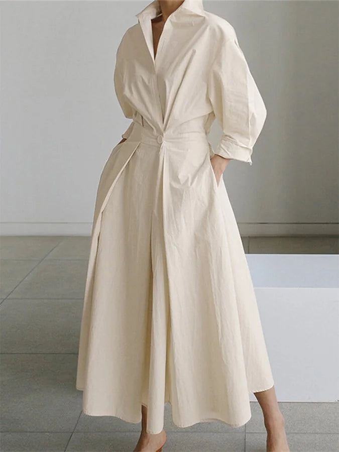 Beige Women's Button-Front Belted Shirt Maxi Dress — Melissa Long Sleeve Collared - Front Pose