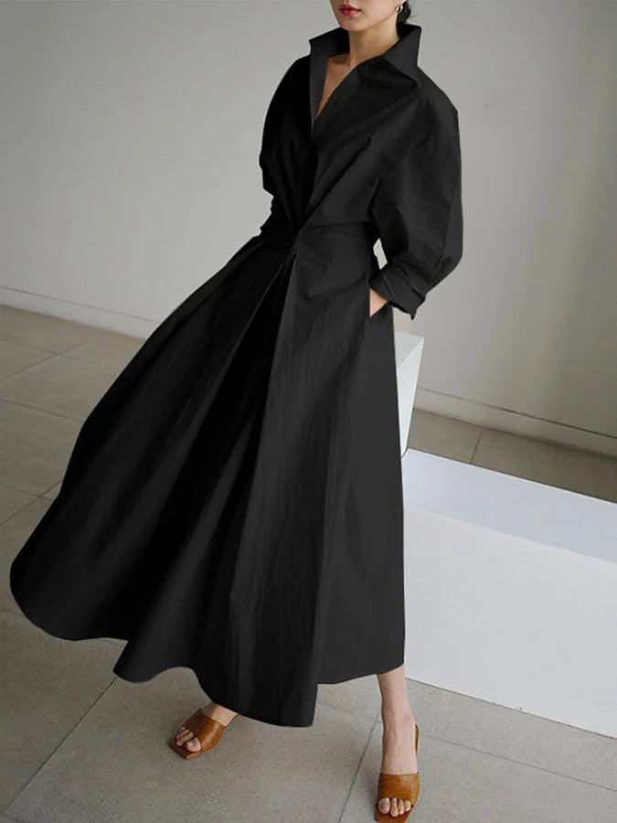 Black Women's Button-Front Belted Shirt Maxi Dress — Melissa Long Sleeve Collared - Front Detail