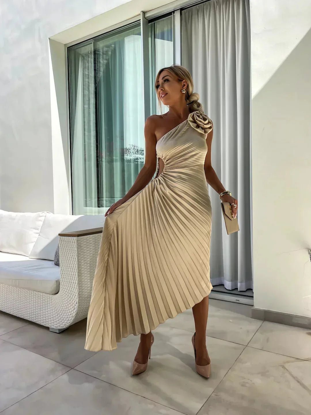 Nadia | Chic Black Tie Wedding Guest Dress One Shoulder Pleated - Beige - 11