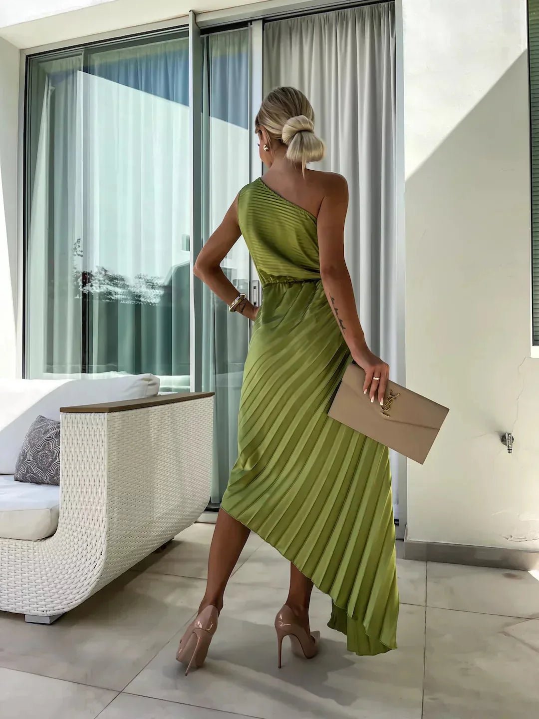 Nadia | Chic Black Tie Wedding Guest Dress One Shoulder Pleated - Green - 7