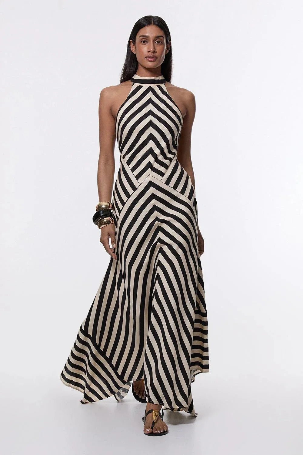 Willow | Elegant Black And White Chevron Stripe Halter Maxi Dress - Striped - 2