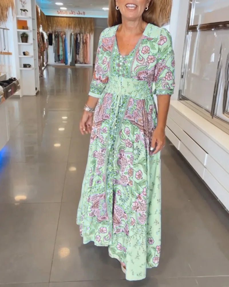 Ruby | Elegant Blue Paisley V - Neck Maxi Dress With Sleeves - Green - 14