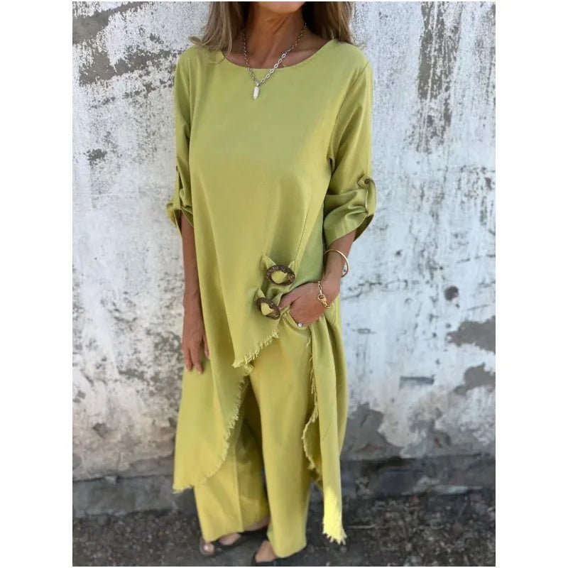 Naomi | Elegant Blue Maxi Dress With Three Quarter Sleeves - Yellow - 2