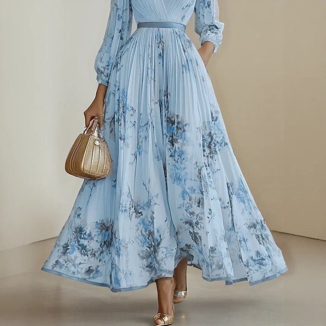 Elena | Elegant Blue V - Neck Pleated Floral Maxi Dress - Light Green - 11