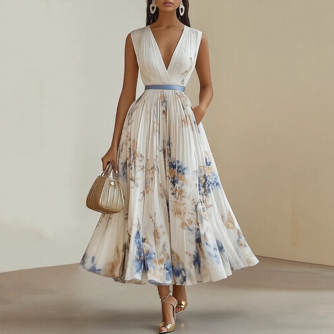 Elena | Elegant Blue V - Neck Pleated Floral Maxi Dress - Light Green - 7
