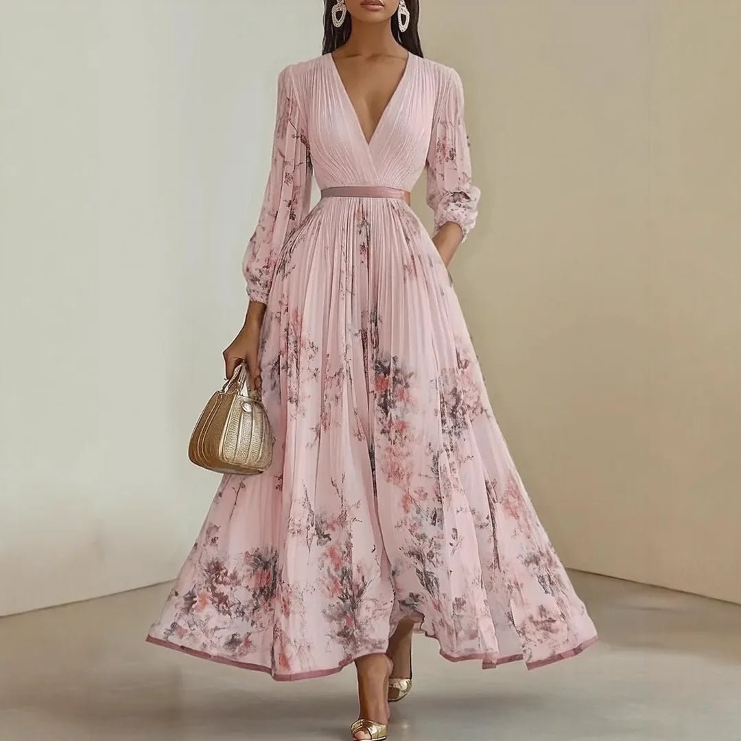Elena | Elegant Blue V - Neck Pleated Floral Maxi Dress - Pink - 2