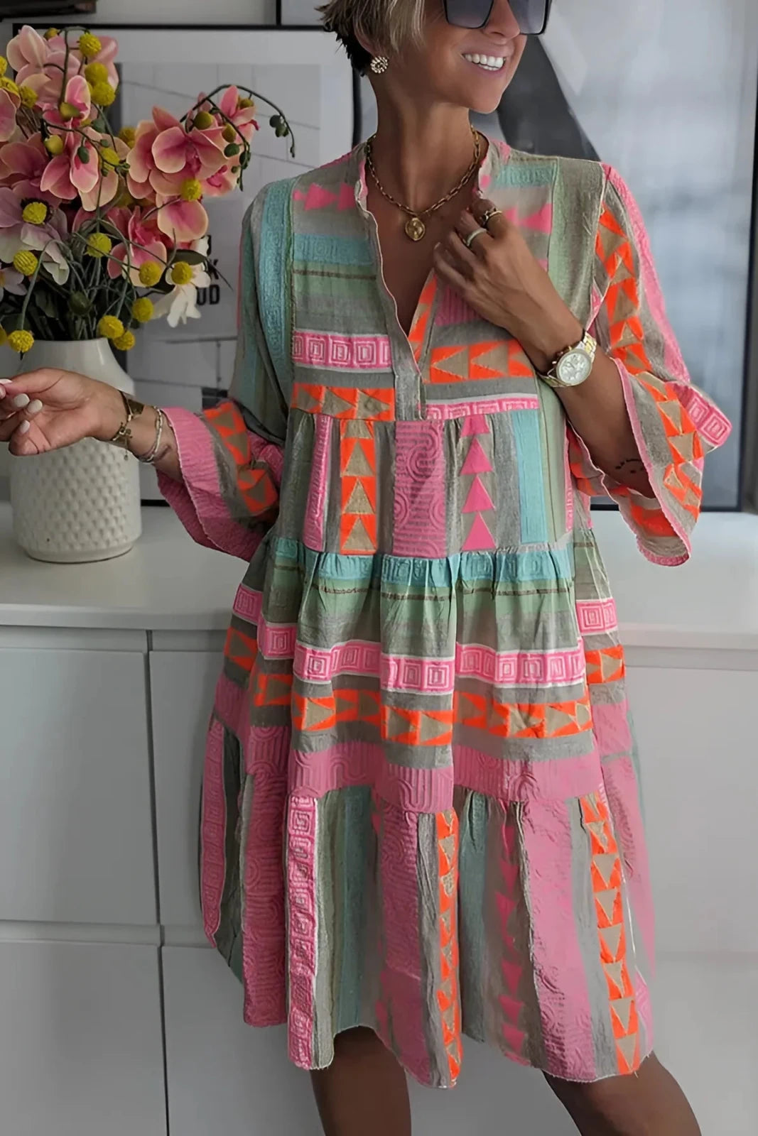 Amelia | Bohemian Geometric Print Tiered Bell Sleeve Beach Dress - Multicolor - 3