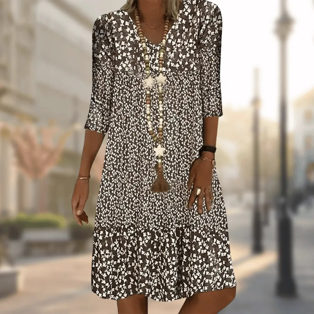 Brown Women's Blue Floral V-Neck Midi Dress — Stevie Tiered Bohemian - Front Lifestyle