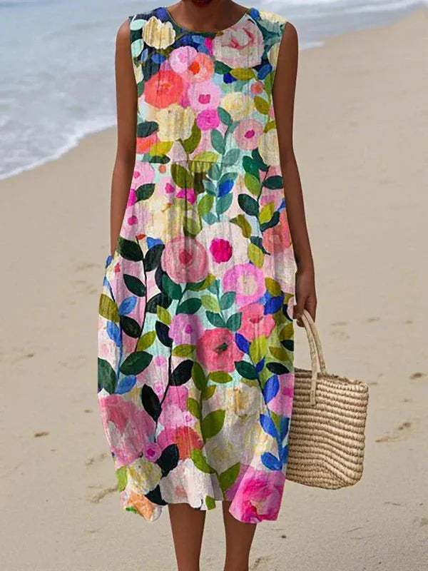 Pink Women's Boho Sleeveless Midi Dress — Samantha Floral Patchwork - Front Full Painterly