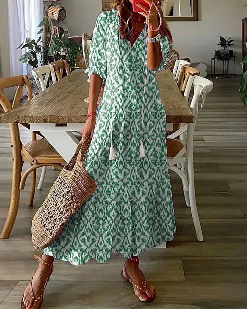 Green Women's Boho V-Neck Beach Dress — Mira Diamond Print Maxi - Front Pose