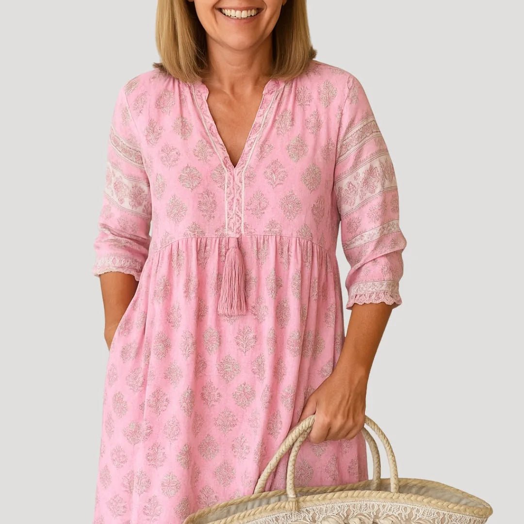 Grace | Boho V - Neck Tiered Beach Dress With Tassel Details - Pink - 6