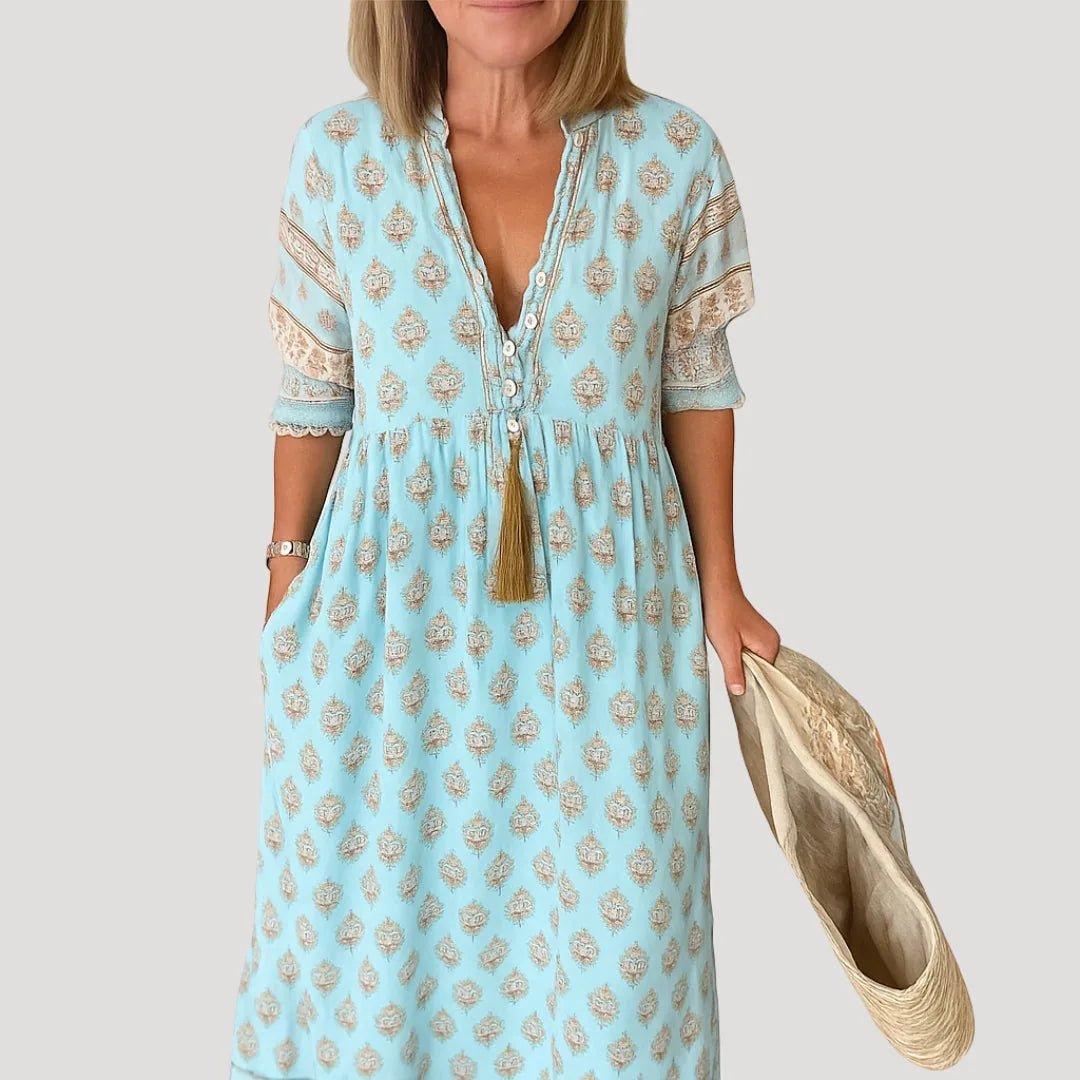 Naomi | Boho V - Neck Tiered Midi Dress With Tassels - Light Blue - 1