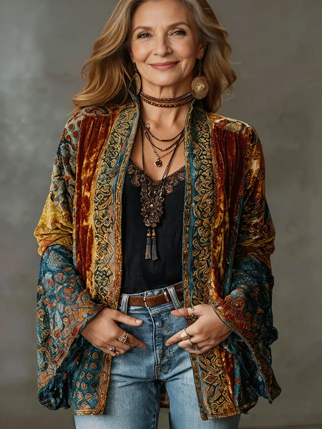 Burgundy Women's Boho Velvet Kimono Jacket — Maisie Printed Bell Sleeve - Front Full