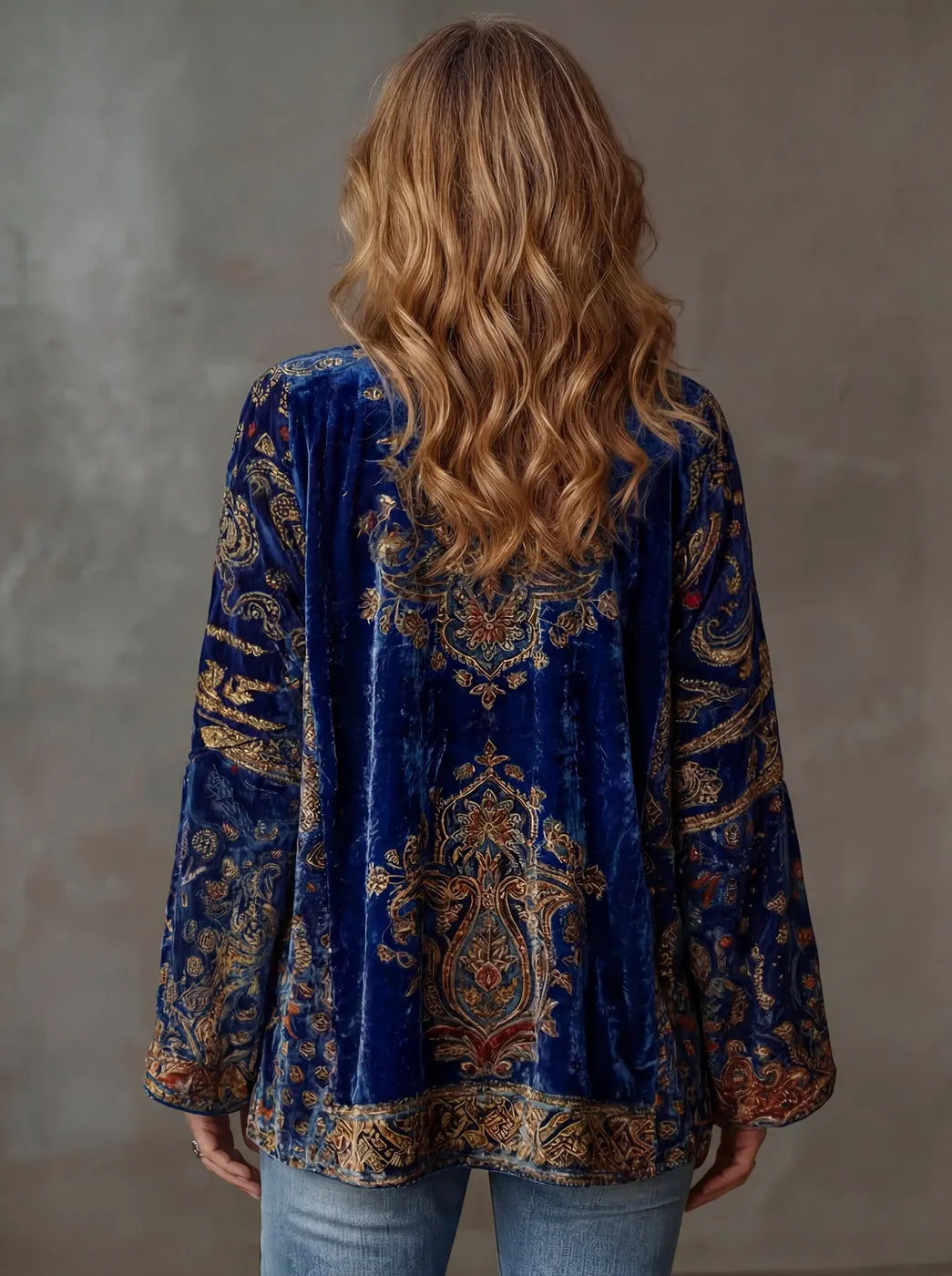 Midnight Women's Boho Velvet Kimono Jacket — Maisie Printed Bell Sleeve - Blue Back Detail