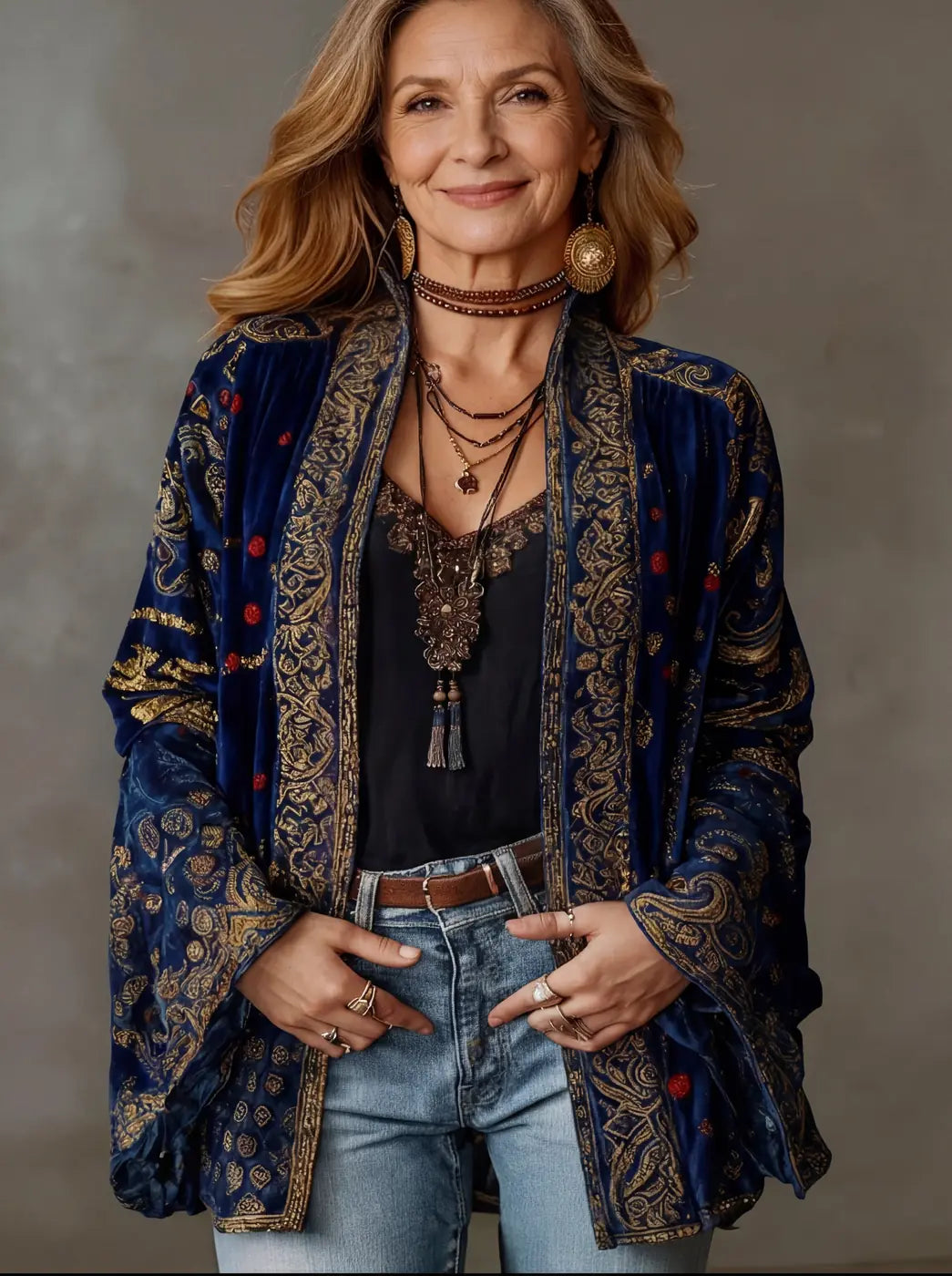 Midnight Women's Boho Velvet Kimono Jacket — Maisie Printed Bell Sleeve - Blue Front Styled