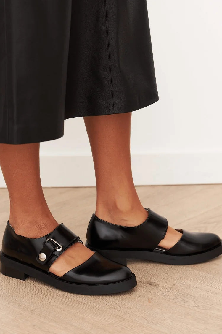 Black Women's Black Buckle Loafers — Elise Mary Platform - Side Pose