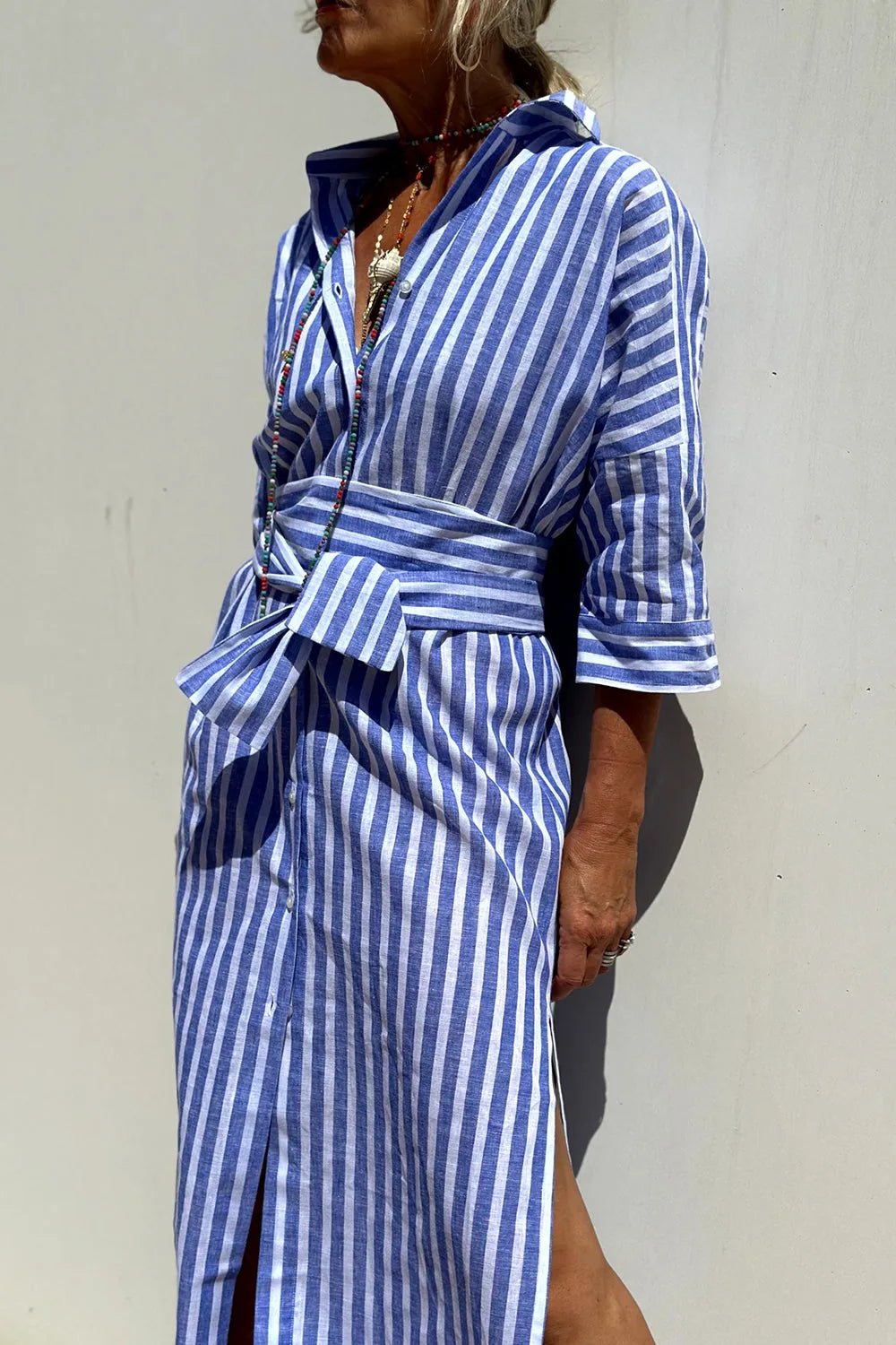 Juliet | Chic Striped Button - Down Midi Shirt Dress - Blue - 5