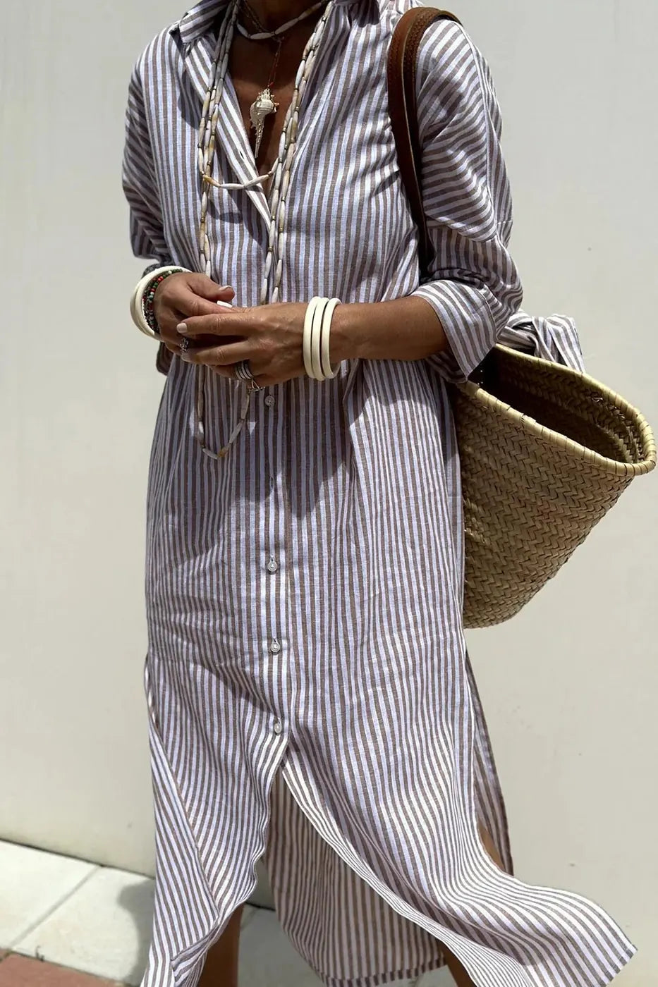 Gray Women's Striped Button-Down Midi Shirt Dress — Estella Relaxed Fit Casual - Front Casual