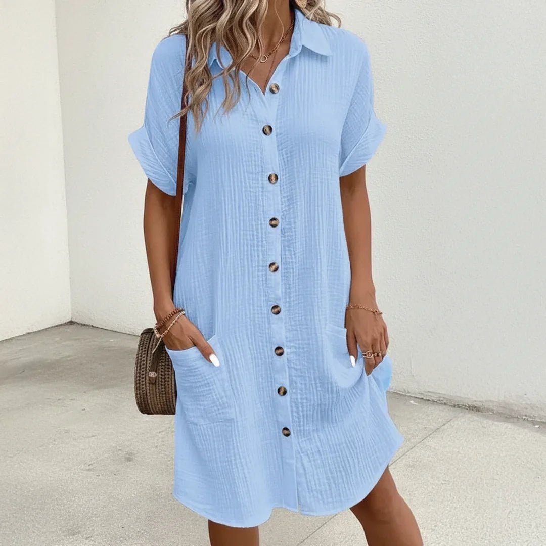 Margaret | Chic Button - Down Midi Shirt Dress - Light Blue - 2