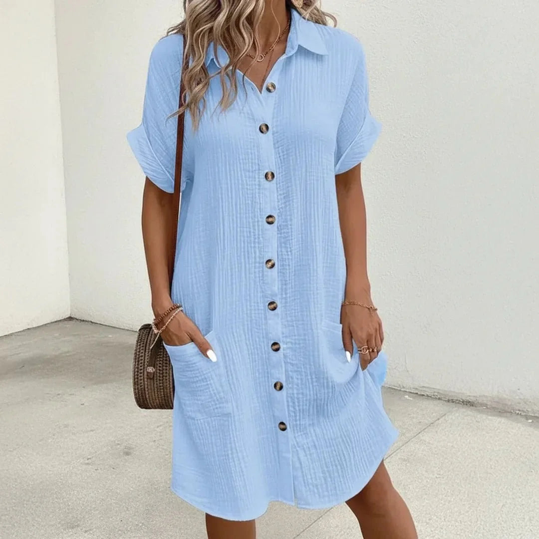 Light Blue Women's Button-Down Midi Shirt Dress — Eliza Lightweight Casual - Front Pose