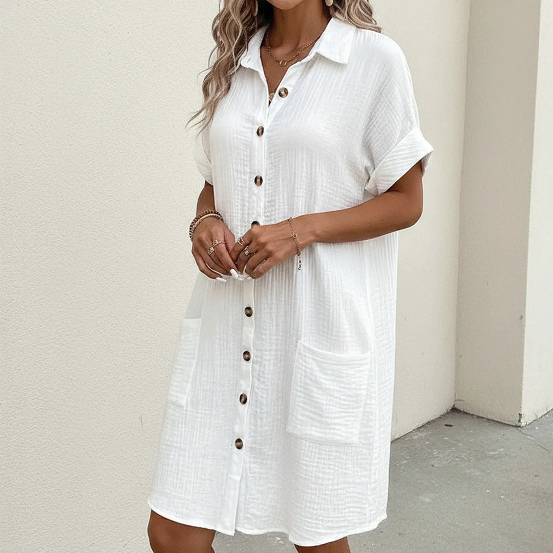 Margaret | Chic Button - Down Midi Shirt Dress - White - 6