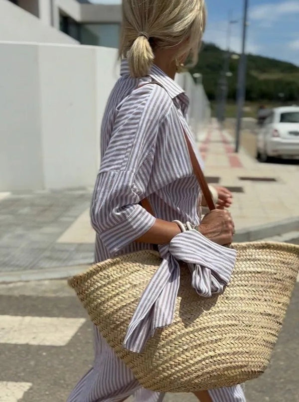 Harriet | Elegant Striped Beach Dress With Button Front - Purple - 1