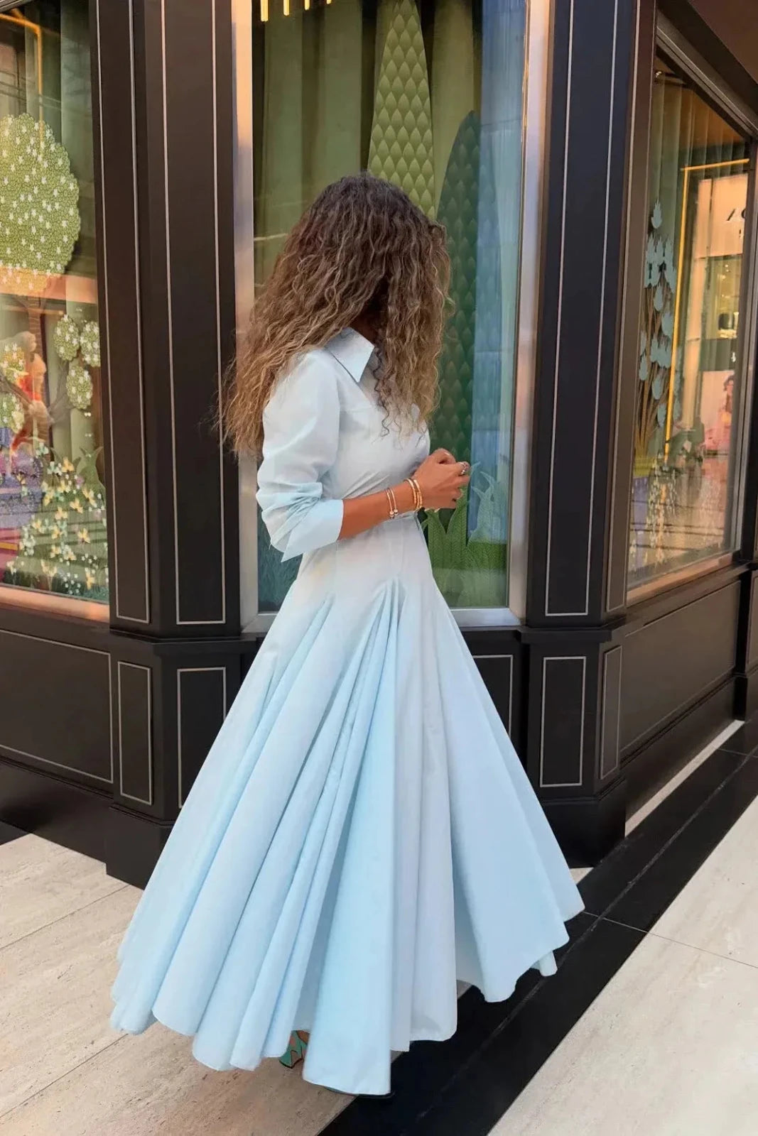 Florence | Elegant Button - Up Belted Maxi Shirt Dress - Light Blue - 3