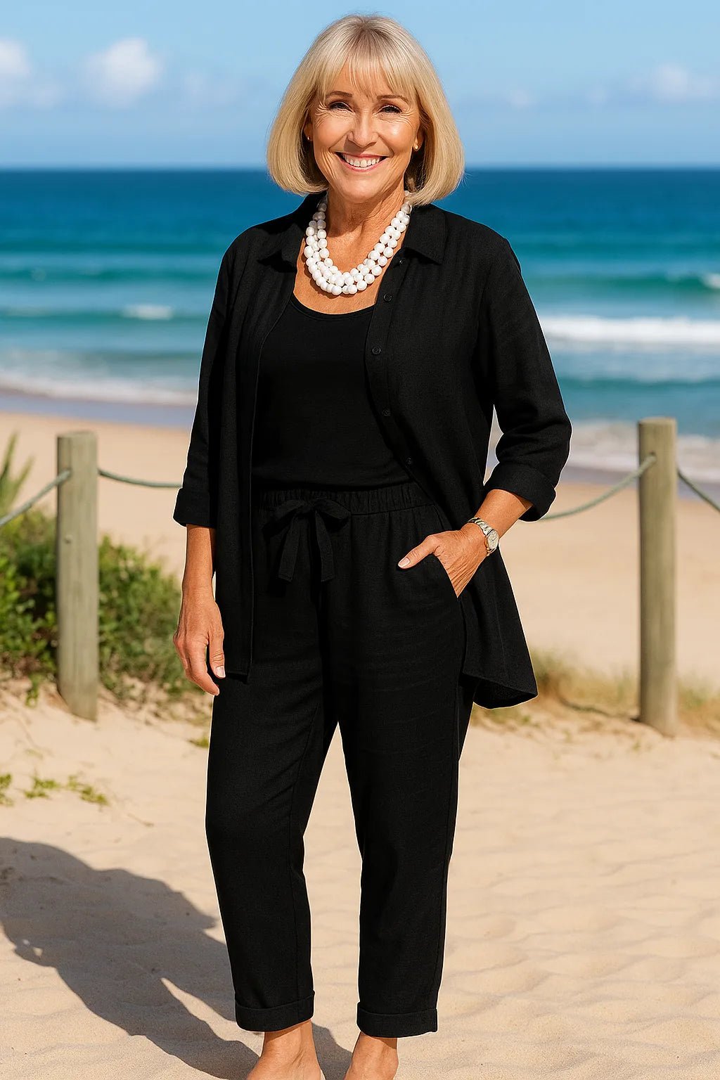 Grace | Linen Summer Co - Ord Everyday Set with Button - Up Shirt - Black - 3