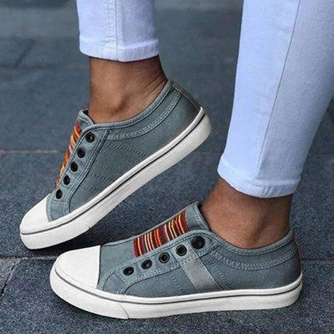 Elena | Women's Summer Slip On Sneakers with Rainbow Stripe Detail - Gray - 1