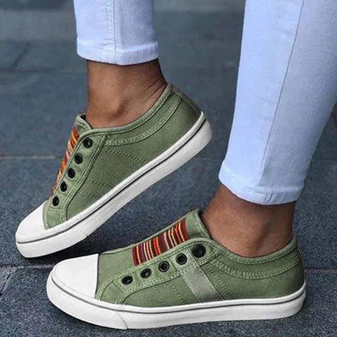 Elena | Women's Summer Slip On Sneakers with Rainbow Stripe Detail - Green - 3