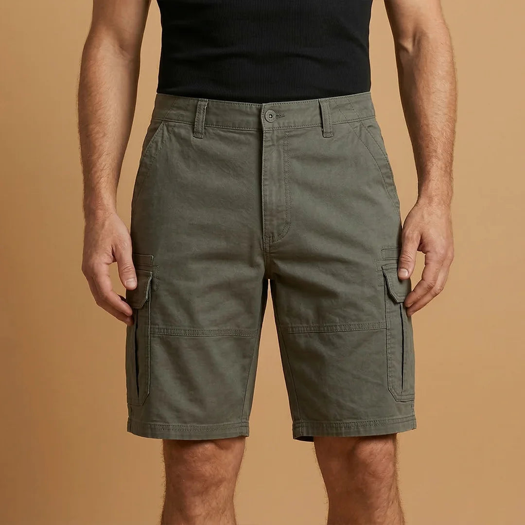 Military Green Men's Cargo Shorts with Pockets — Fletcher Cotton Canvas Multi-Pocket - Close Up Front