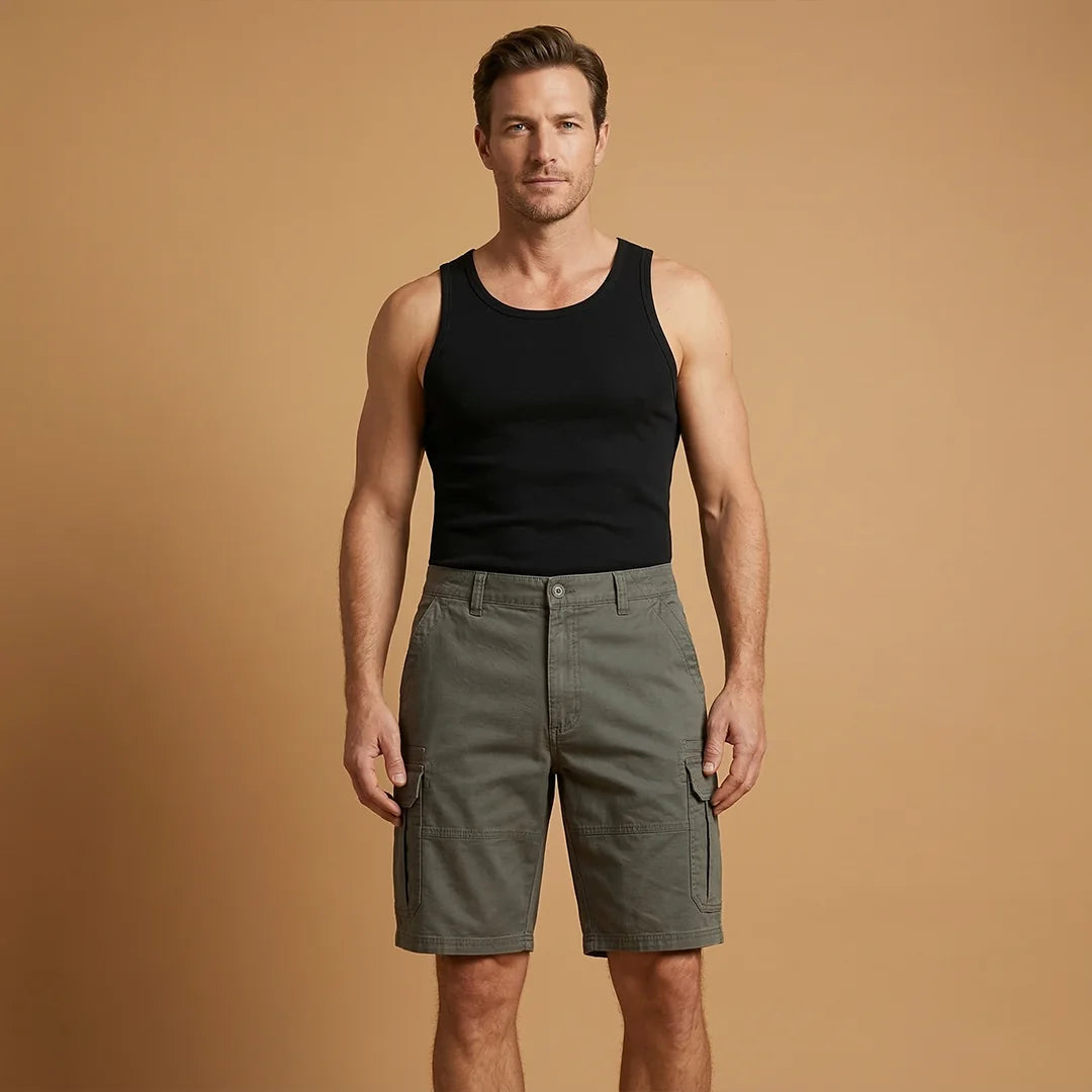 Military Green Men's Cargo Shorts with Pockets — Fletcher Cotton Canvas Multi-Pocket - Front Full