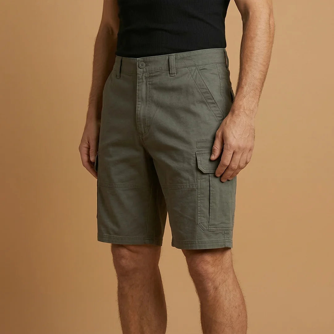 Military Green Men's Cargo Shorts with Pockets — Fletcher Cotton Canvas Multi-Pocket - Three Quarter View