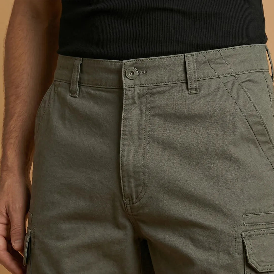 Military Green Men's Cargo Shorts with Pockets — Fletcher Cotton Canvas Multi-Pocket - Waistband Detail