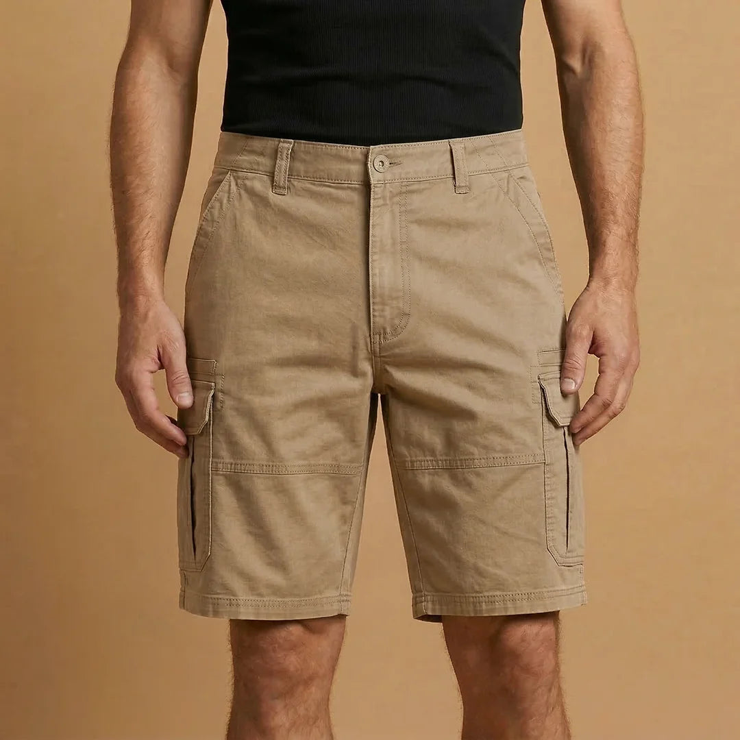 Tan Men's Cargo Shorts with Pockets — Fletcher Cotton Canvas Multi-Pocket - Front Khaki
